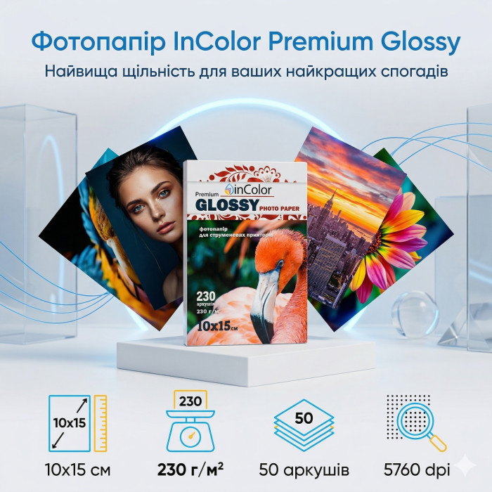 Фотопапір глянцевий 230 г/м² 10×15 50 арк InColor — купити онлайн