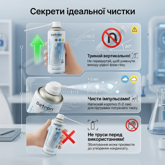 Спрей стиснене повітря Patron 400 мл — Потужний очисник від пилу для ПК, ноутбуків та електроніки